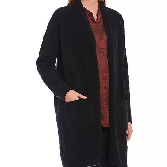 NWT Eileen Fisher Black ORGANIC COTTON BOUCLE LONG STRATCT CARDIGAN